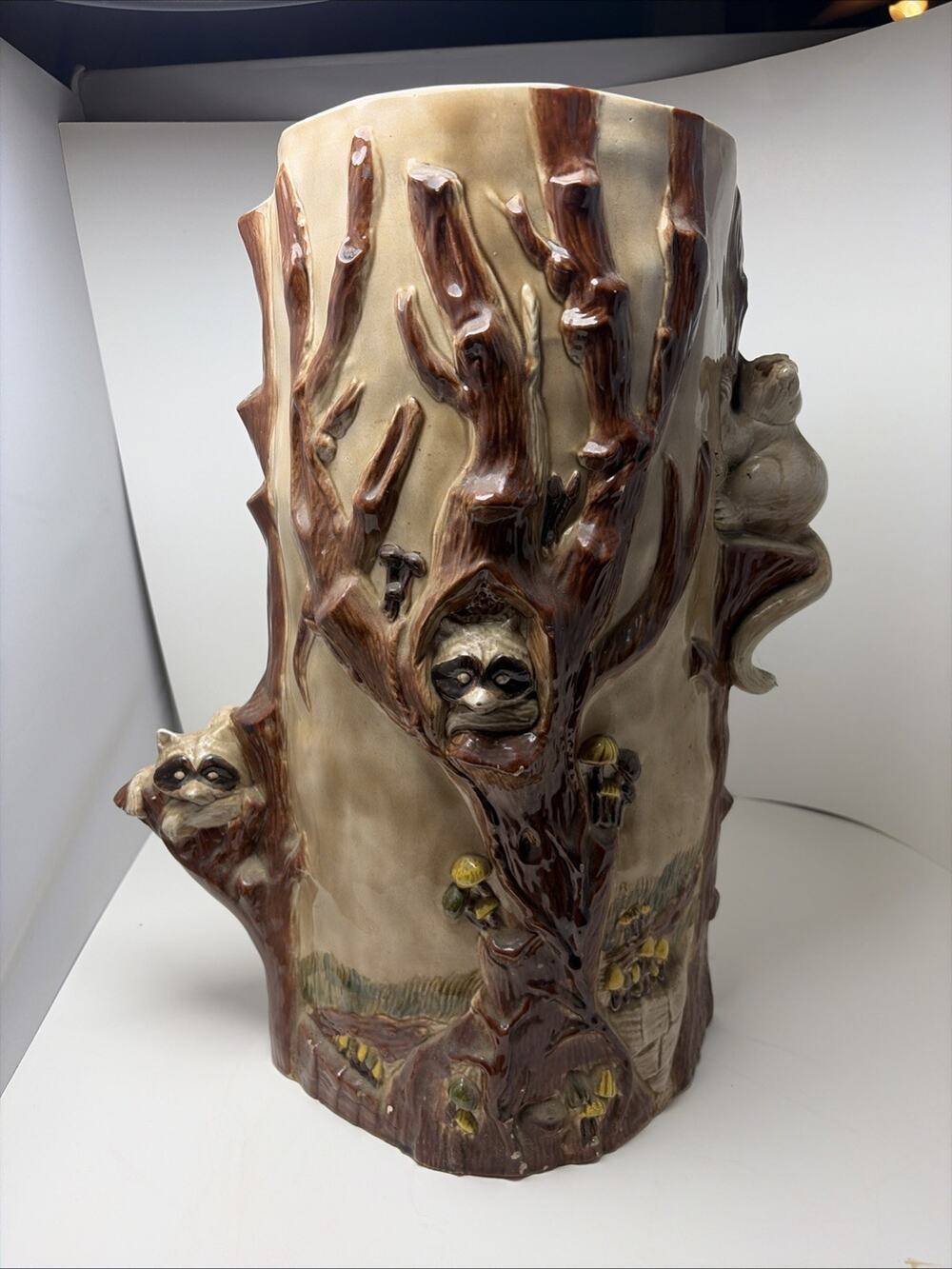 Ceramic Umbrella Stand Mid Century Majolica Raccoon in Tree 3D Woodland